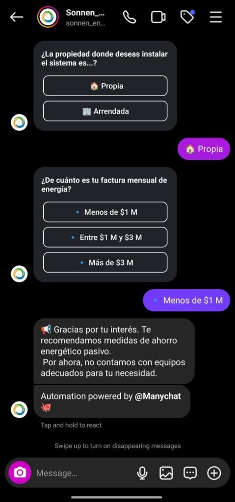 Automatizacion many chat fallido